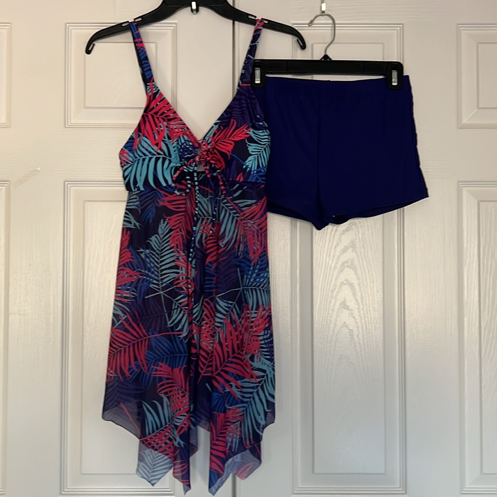 Blue and Pink Tropical Leaf Print two Piece Swim Dress with Separate Boy Shorts